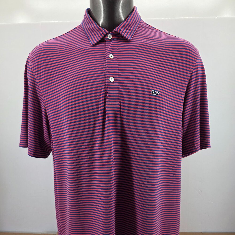 Vineyard Vines Short Sleeve Red/Blue Striped Sankaty Stretch Polo Shirt sz L